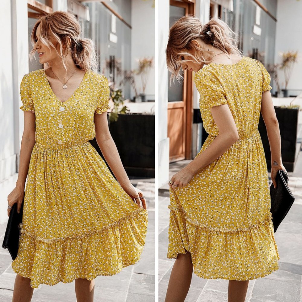 Dainty Floral Print Short Sleeve Dress in Yellow